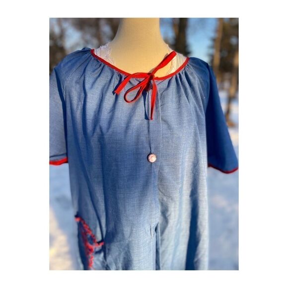 Vintage 60s 70s Robe House Dress Embroidered Tie Neck - Picture 9 of 12